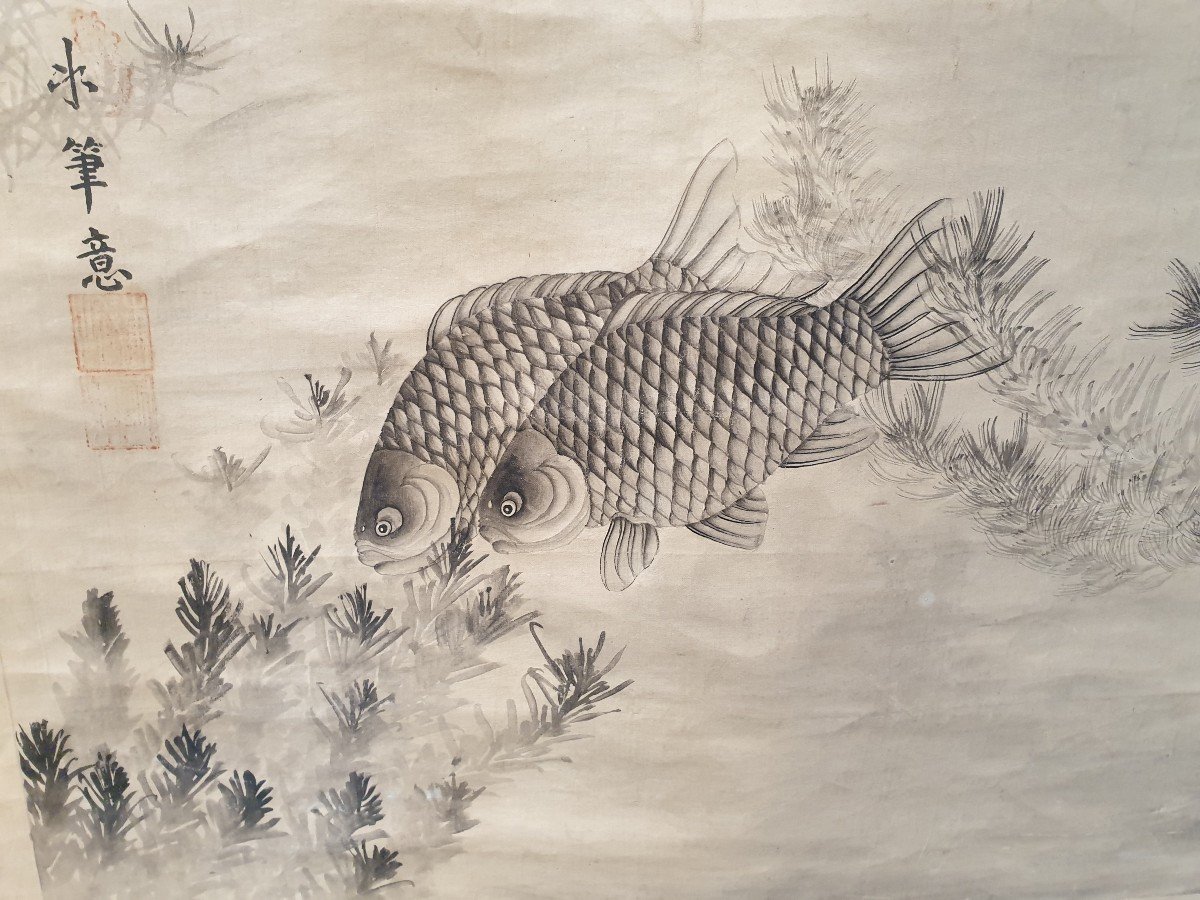 Japan - Large Kakemono - Ink On Silk - H 210 Cm-photo-2