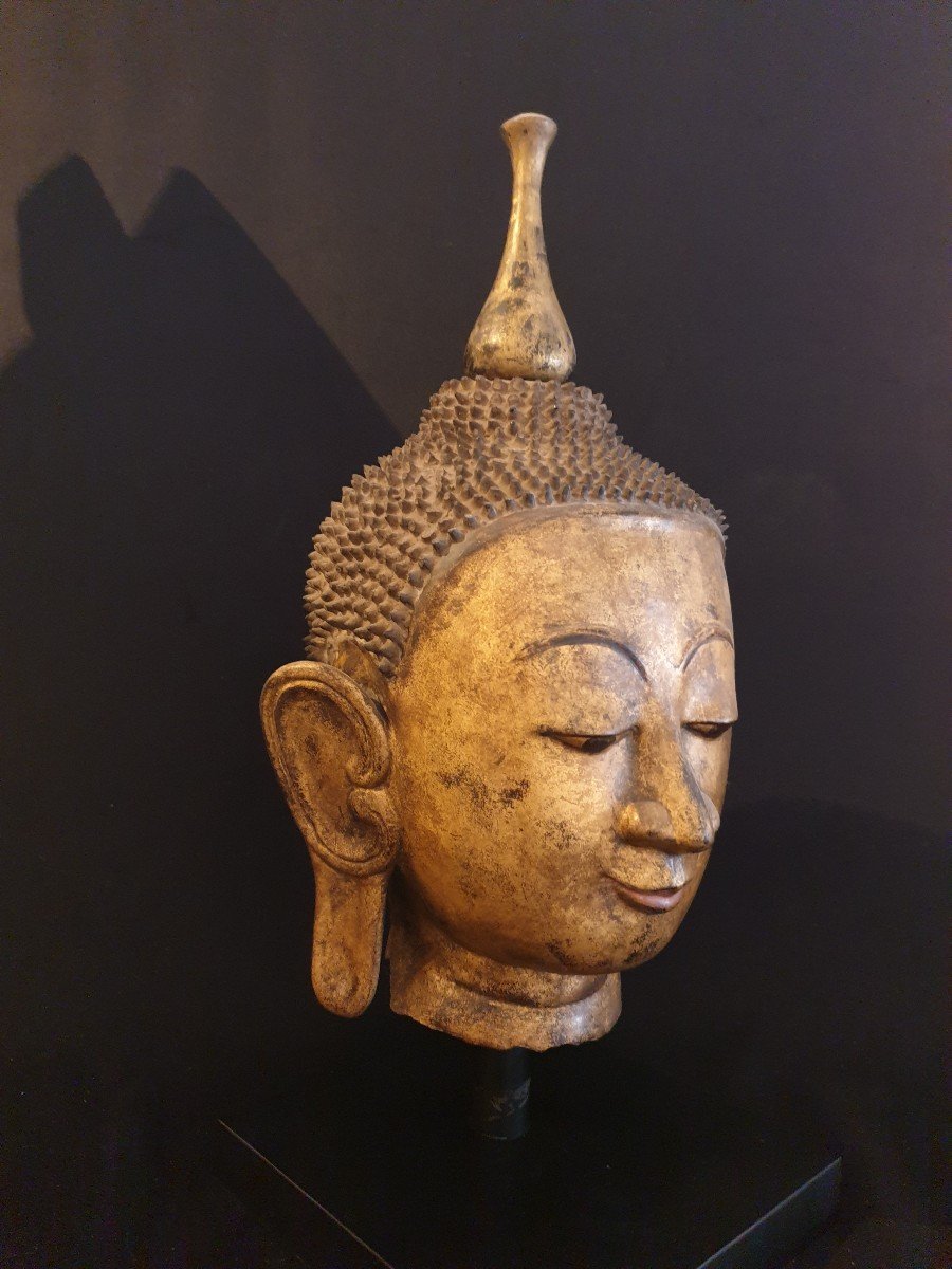 Birmanie - Tête De Bouddha En Laque Sèche Dorée - 51 Cm-photo-2