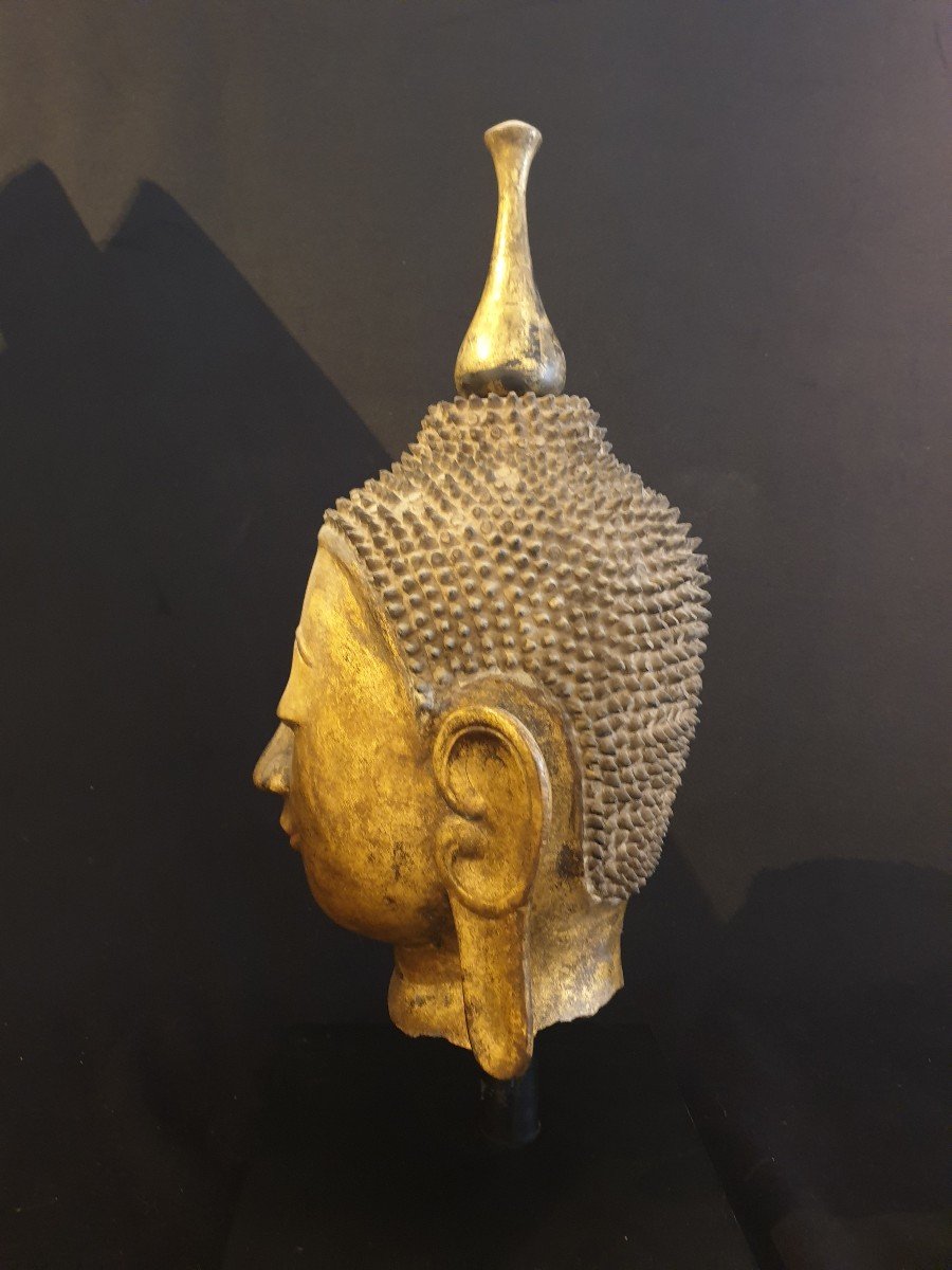 Birmanie - Tête De Bouddha En Laque Sèche Dorée - 51 Cm-photo-1