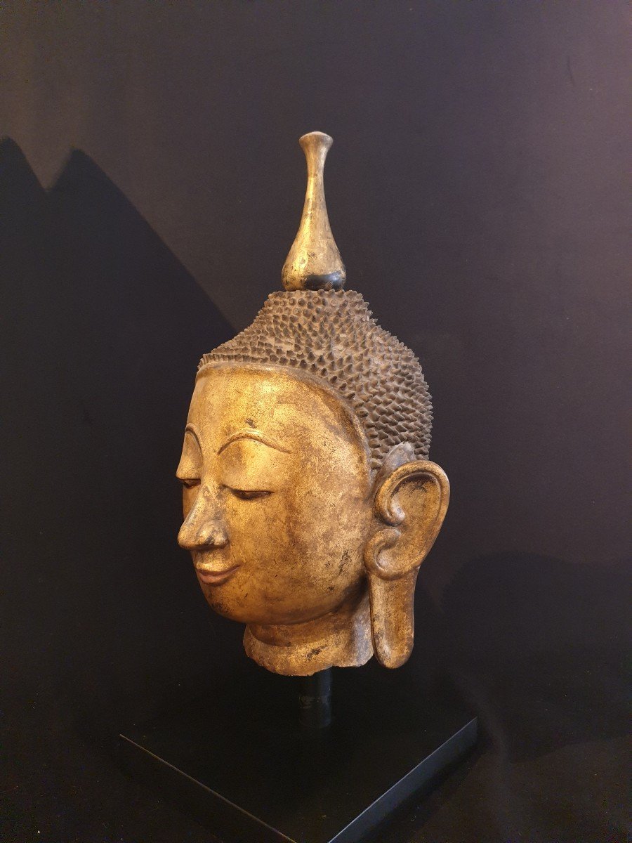 Birmanie - Tête De Bouddha En Laque Sèche Dorée - 51 Cm-photo-2