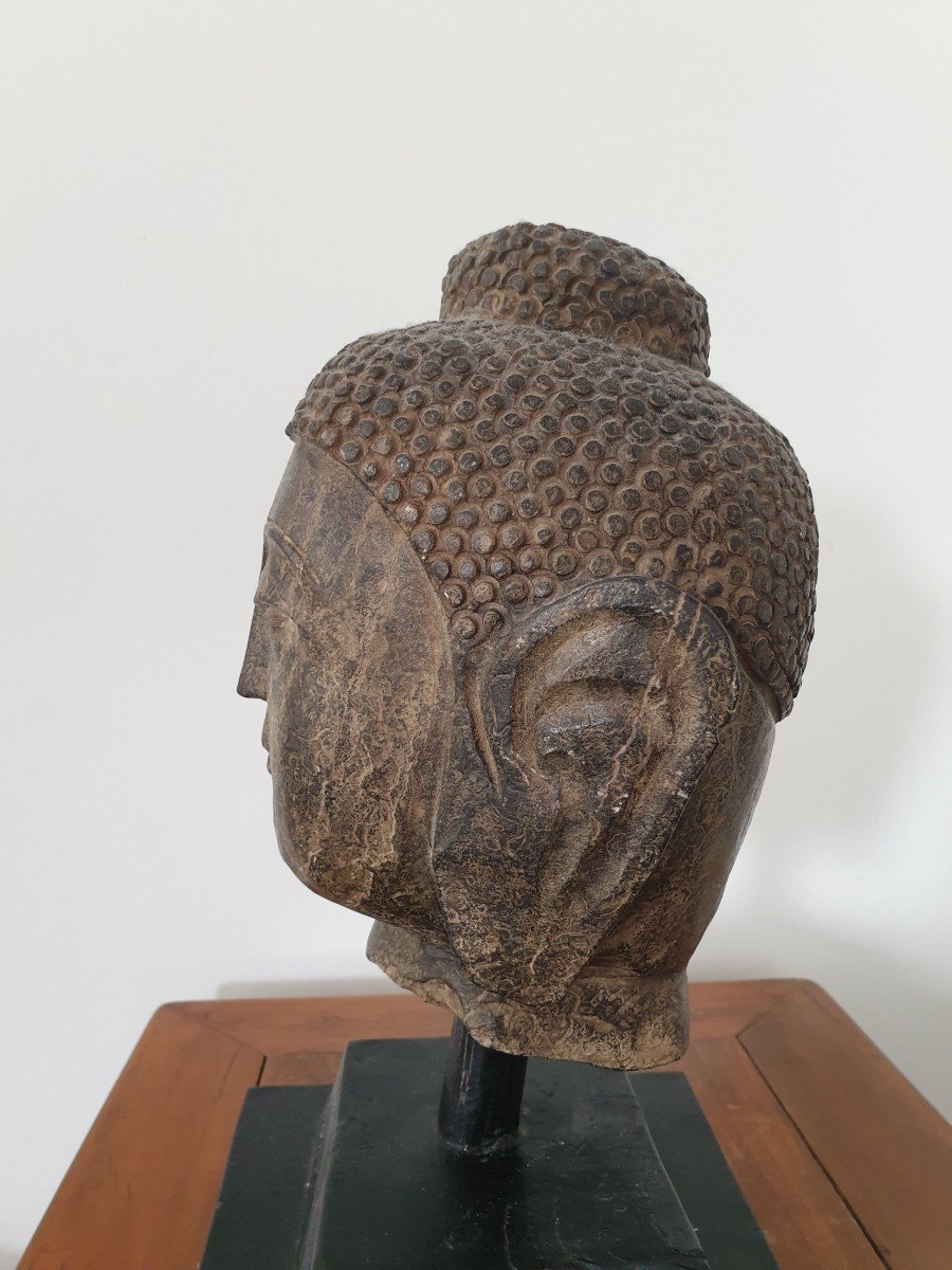 Chine - Tête De Bouddha En Pierre - 26 Cm-photo-2