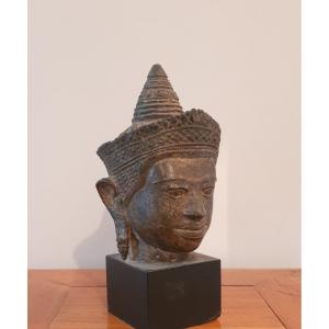 Khmer (cambodia) - Bronze Buddha Head - 15 Cm