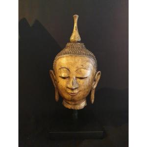 Birmanie - Tête De Bouddha En Laque Sèche Dorée - 51 Cm