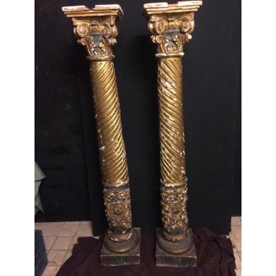 Colonnes torse en bois doré et armoriees époque XVIeme,XVIIeme