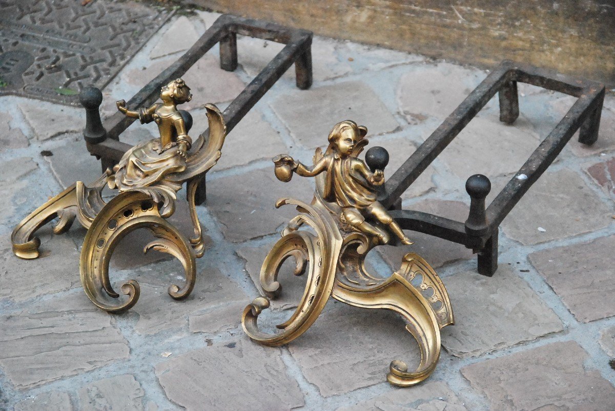 Pair Of Andirons In Louis XV Bronze-photo-4