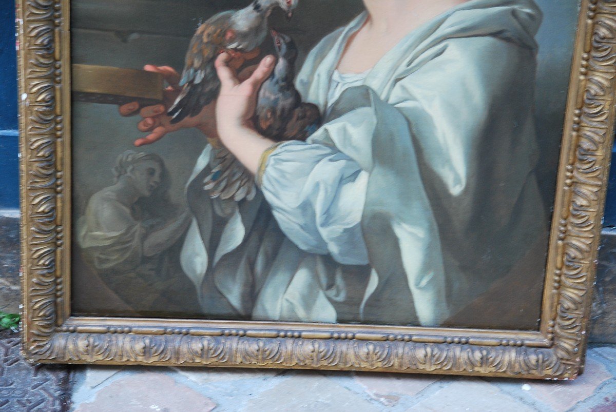 Young Woman With Doves, Canvas XVIII Follower Of Lagrenée-photo-2