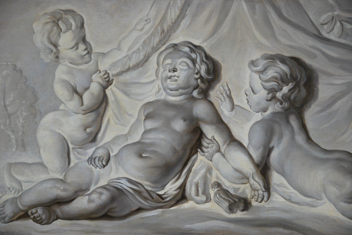 Suite Of 4 Putti Painted Canvases Attributable To Piat Joseph Sauvage Late XVIII-photo-4