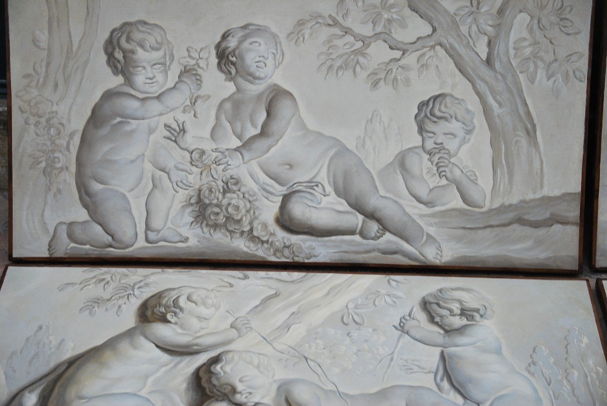 Suite Of 4 Putti Painted Canvases Attributable To Piat Joseph Sauvage Late XVIII-photo-4