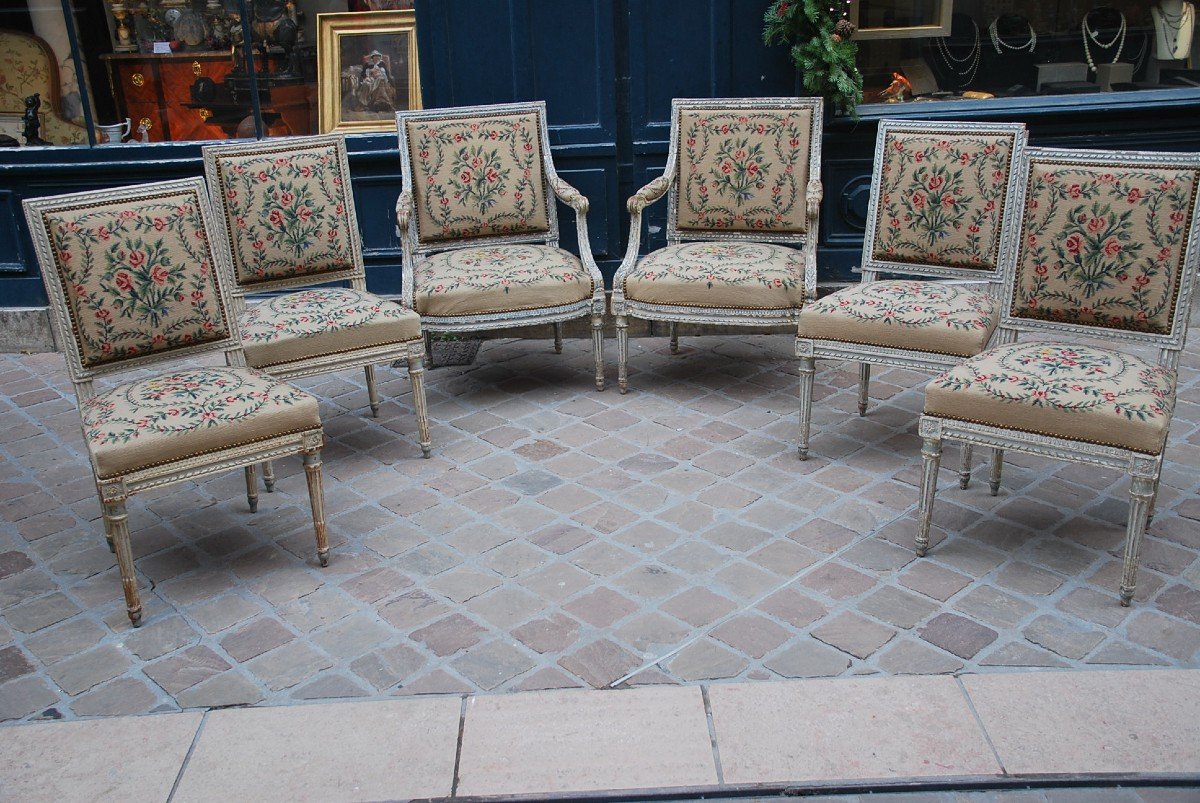 Jacob, Pair Of Armchairs And Suite Of 4 Louis XVI Period Chairs