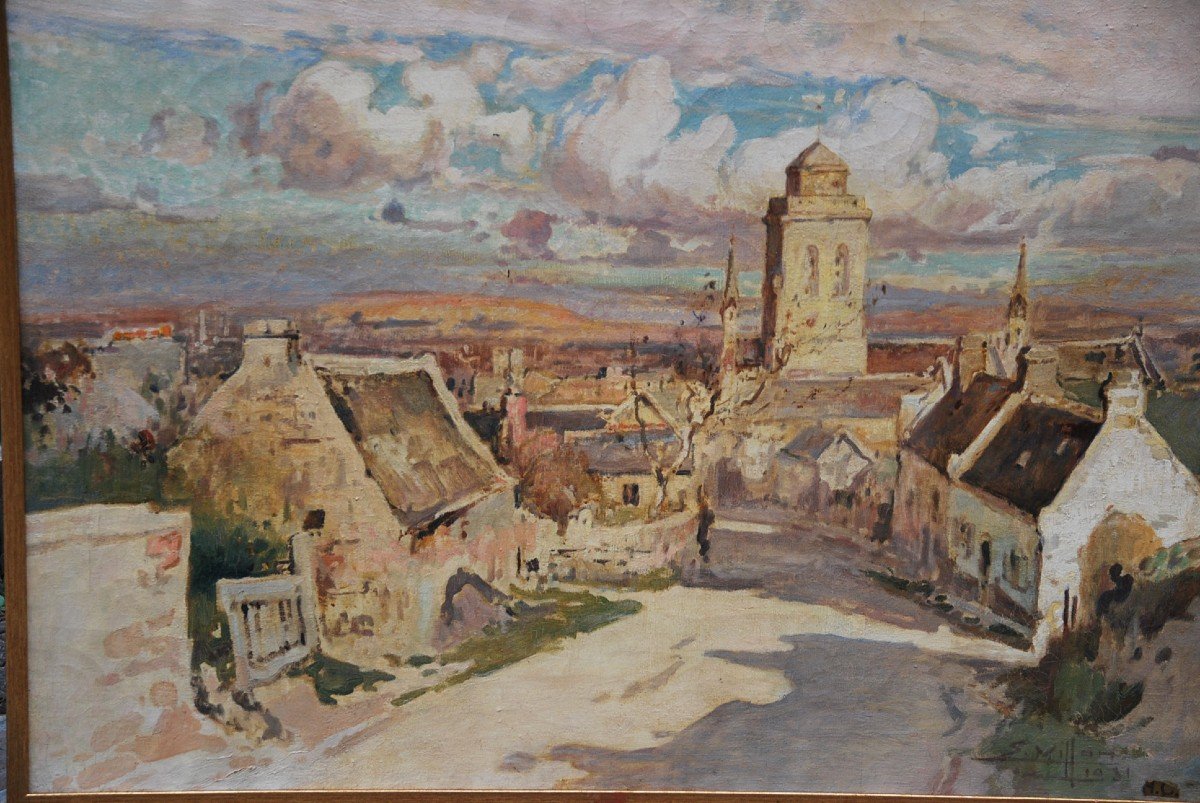 Locronan, Brittany, Large Oil On Canvas Signed De Villon