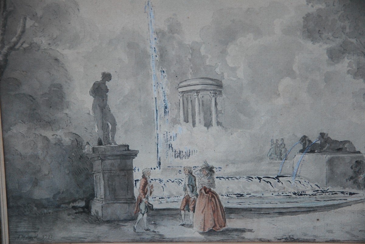 Hubert Robert , Suiveur , Assemblée De Personnages Devant Une Fontaine   XVIII-photo-2