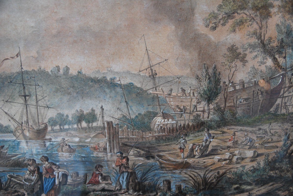 Jean Baptiste Lallemand , Aquarelle Scène De Port  école XVIII-photo-1