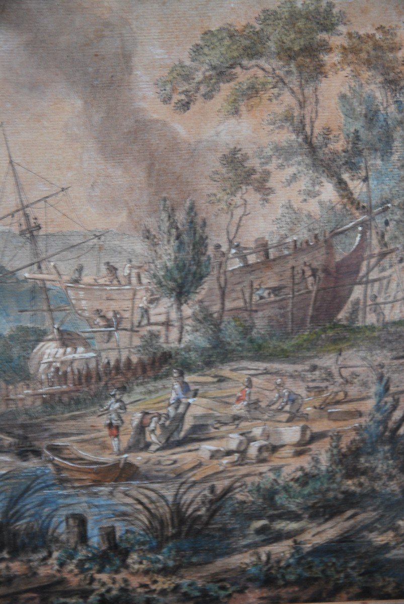 Jean Baptiste Lallemand , Aquarelle Scène De Port  école XVIII-photo-5