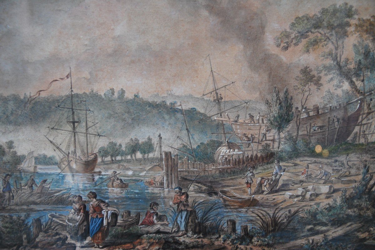 Jean Baptiste Lallemand , Aquarelle Scène De Port  école XVIII
