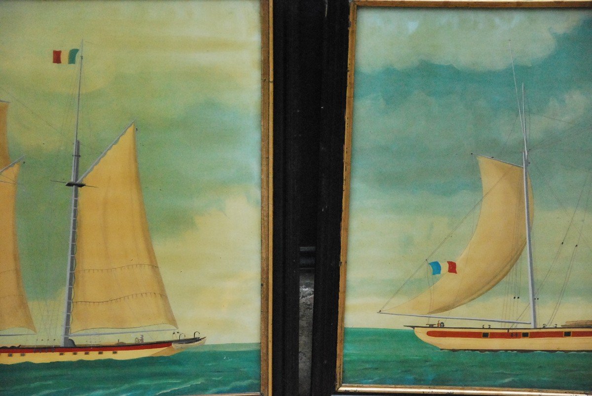 Deux Peintures Sur Verre   , Goelettes   XIX -photo-3