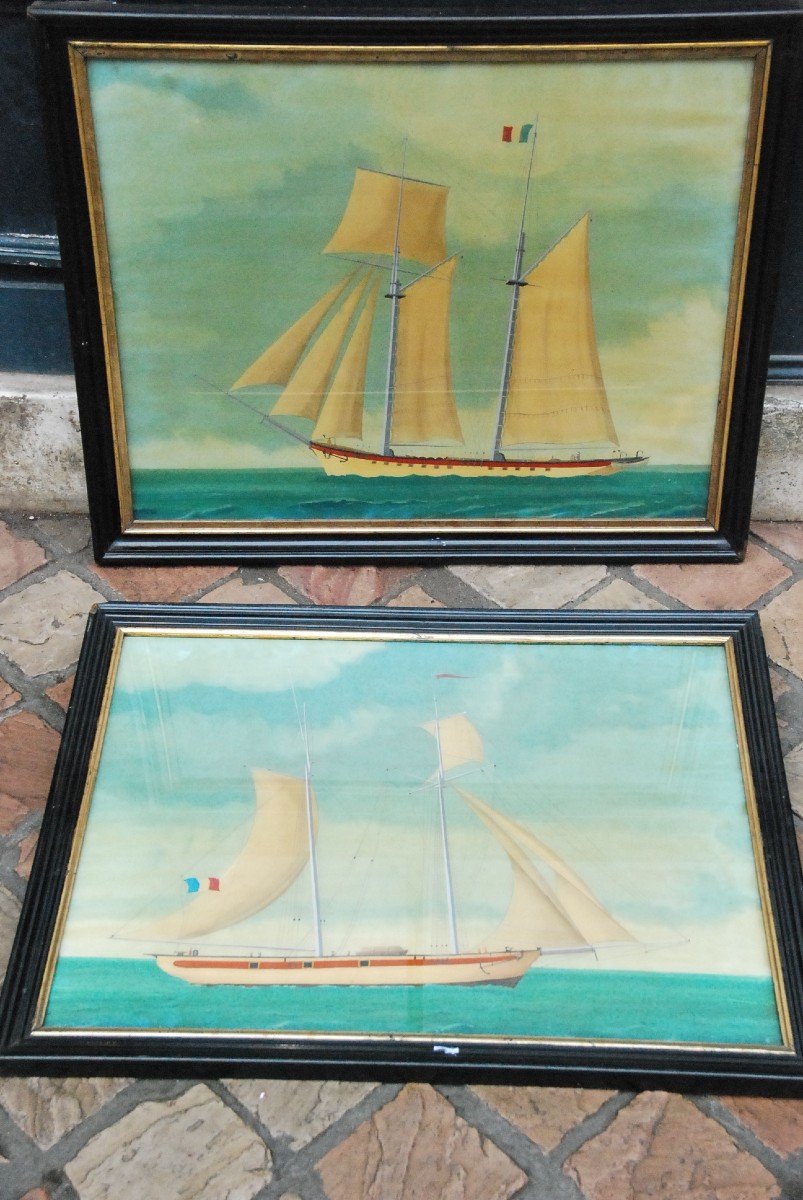 Deux Peintures Sur Verre   , Goelettes   XIX -photo-6