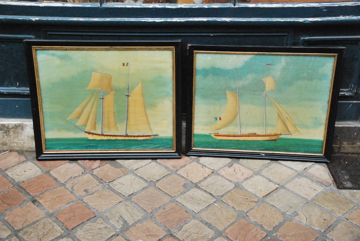 Two Paintings On Glass, Schooners XIX