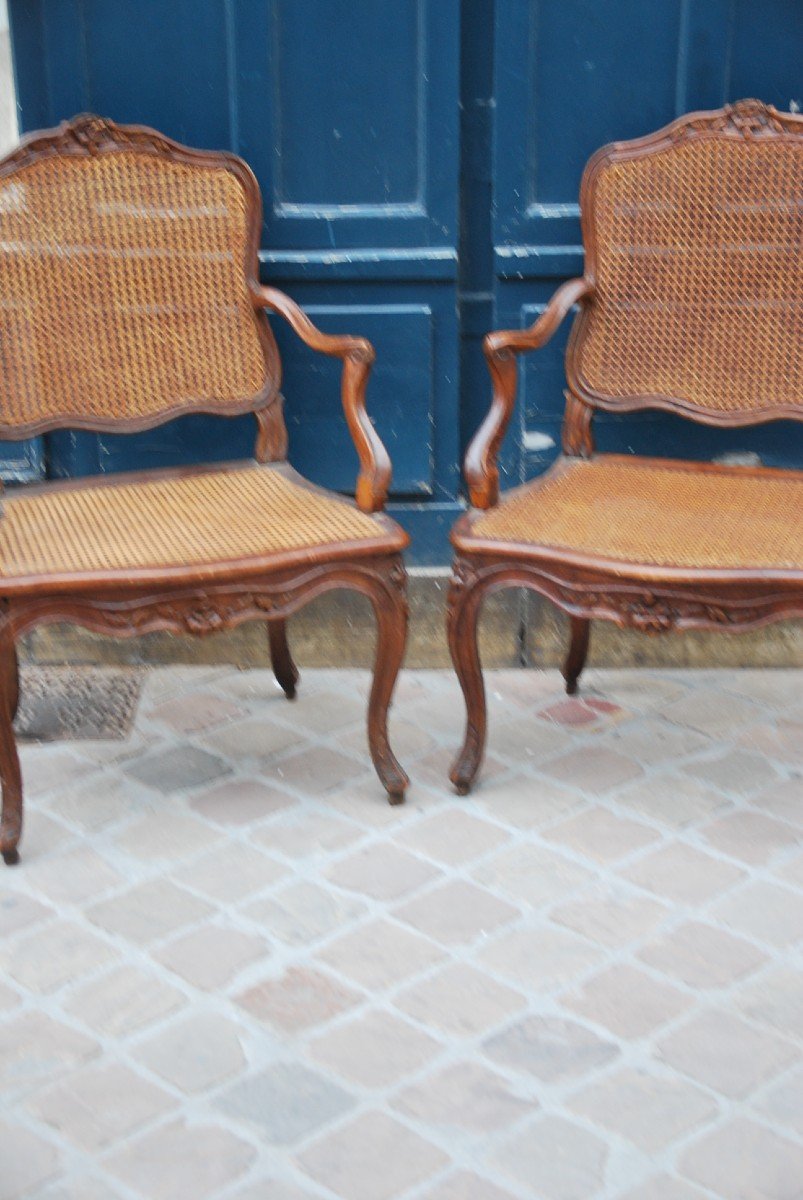 Nogaret, Pair Of Caned Armchairs D Louis XV Period From The XVIII-photo-3