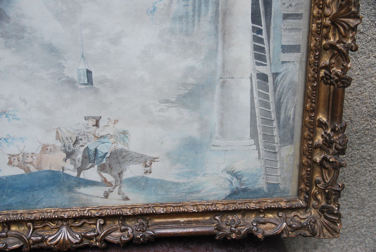 Fragonard, Follower Of Watercolor XVIII With Architectural Caprice-photo-4