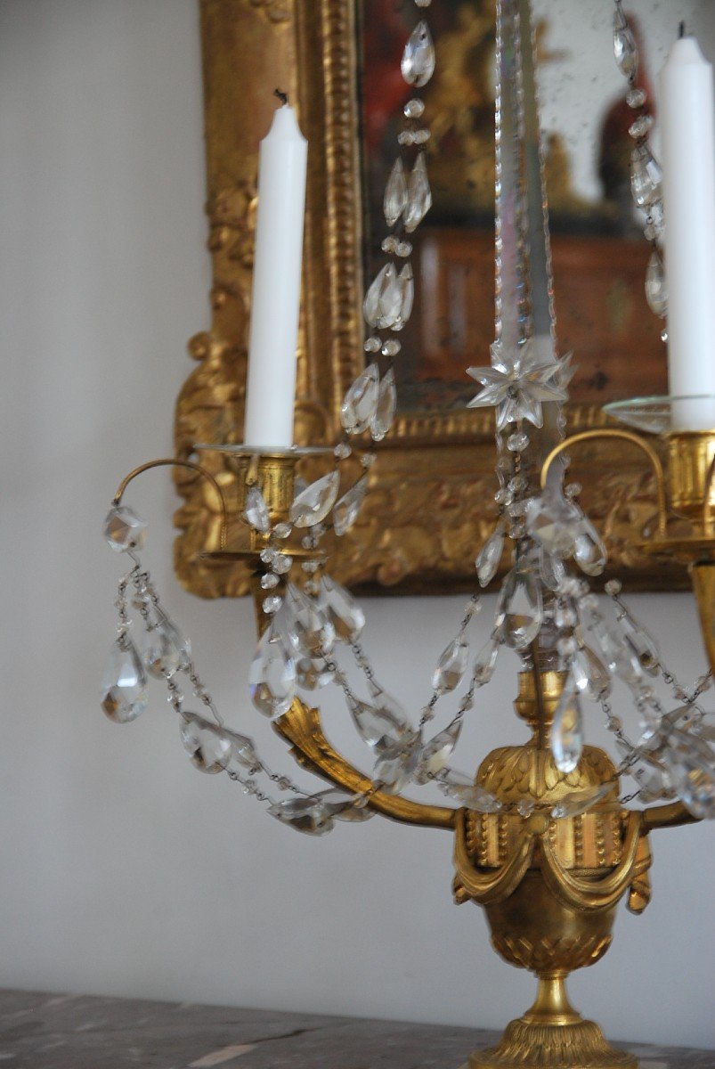 Rare Pair Of Girandoles In Crystal And Bronze From The Louis XVI Period-photo-3