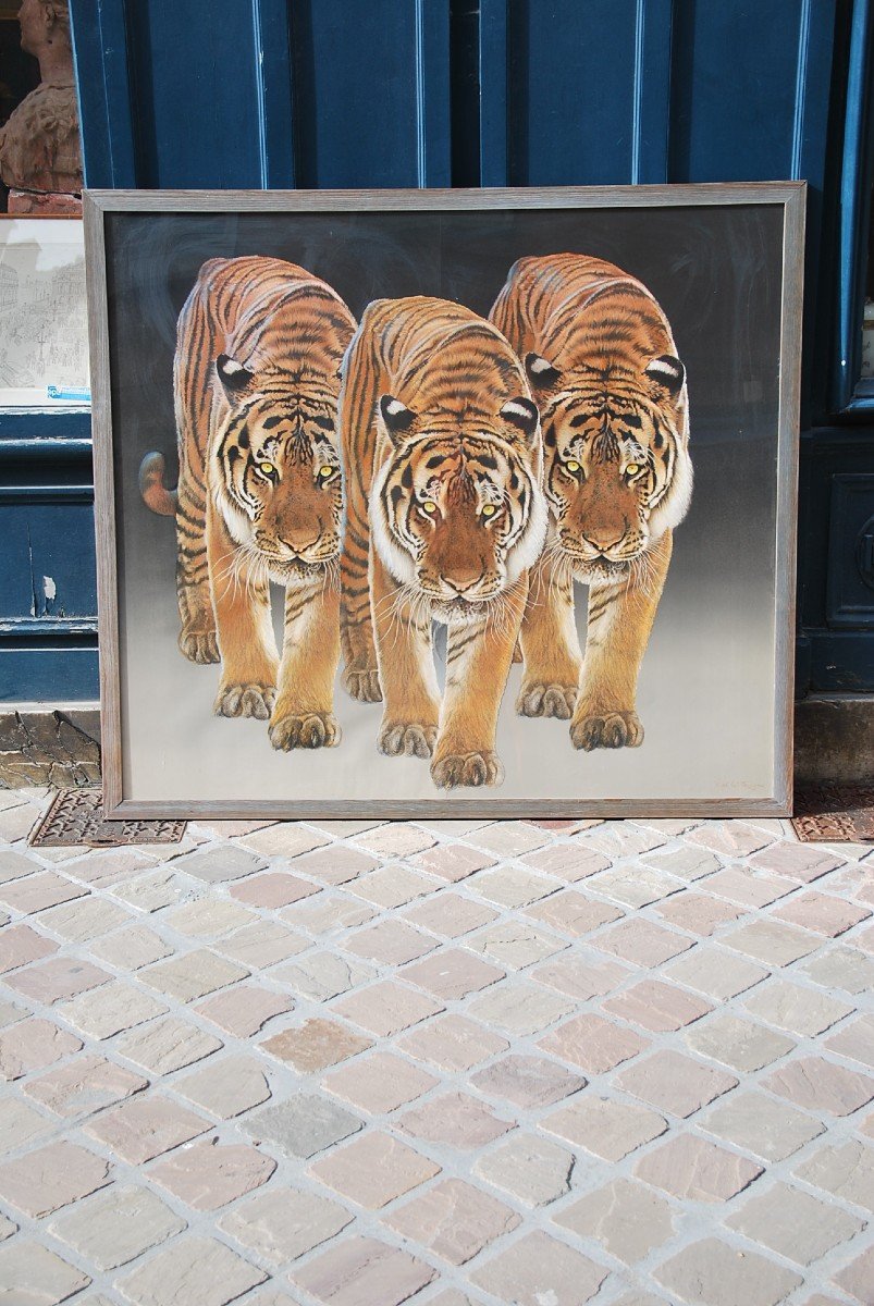 Les Trois Tigres , Grand Pastel De René Lemoigne-photo-3