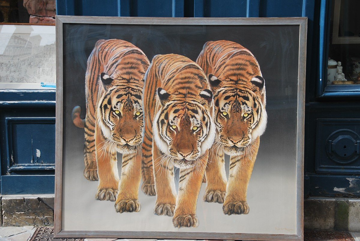 Les Trois Tigres , Grand Pastel De René Lemoigne-photo-4