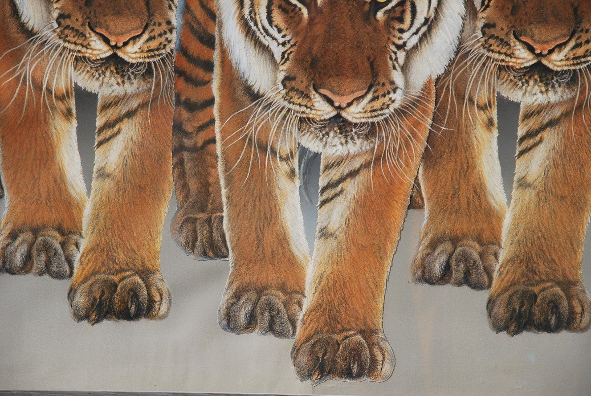 Les Trois Tigres , Grand Pastel De René Lemoigne-photo-1