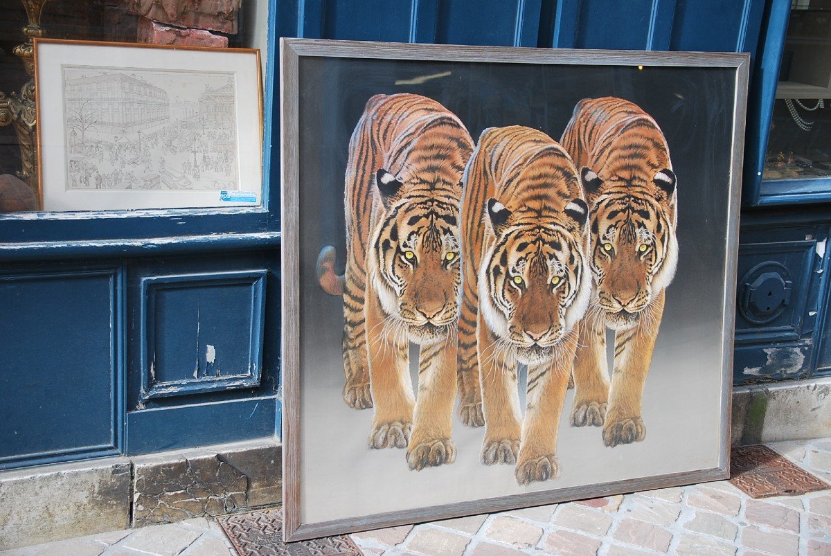 Les Trois Tigres , Grand Pastel De René Lemoigne-photo-7