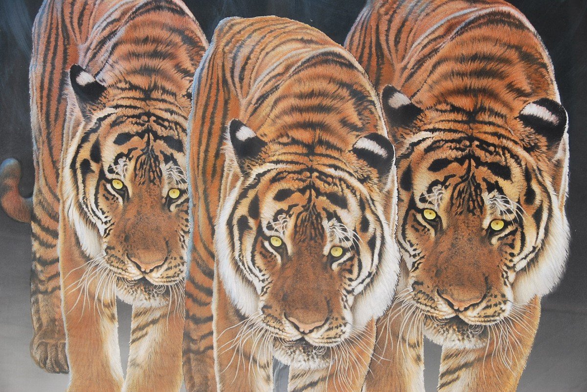 Les Trois Tigres , Grand Pastel De René Lemoigne