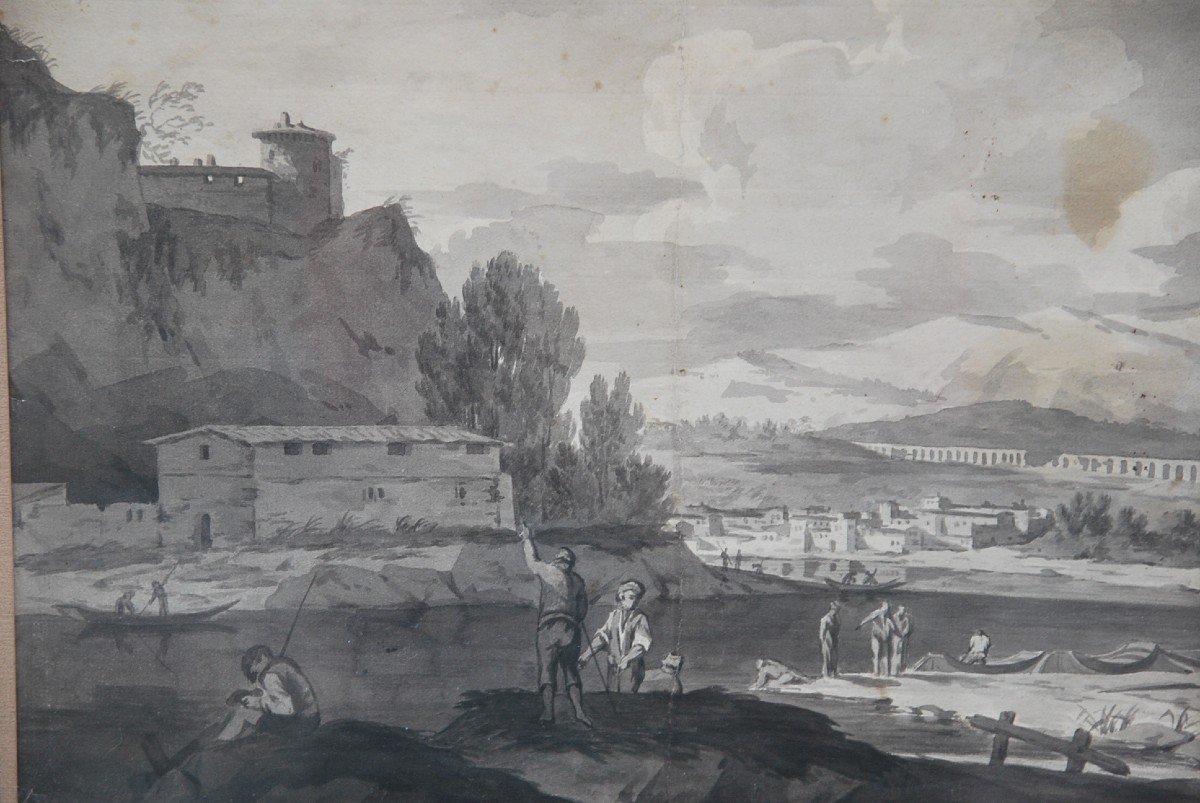 Lavis Drawing Landscape And Architecture Follower Of Joseph Vernet-photo-2