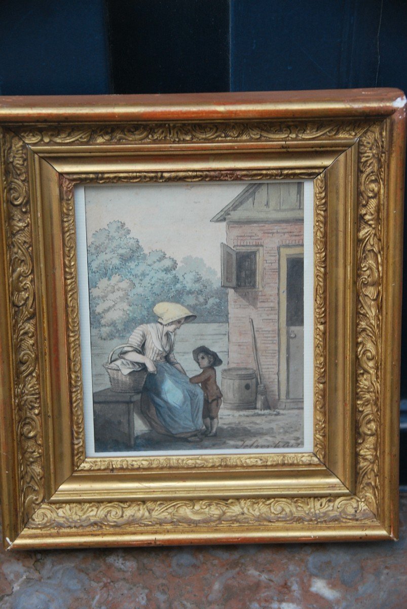 Aquarelle et lavis d époque  Directoire Mère Et Son Enfant-photo-2