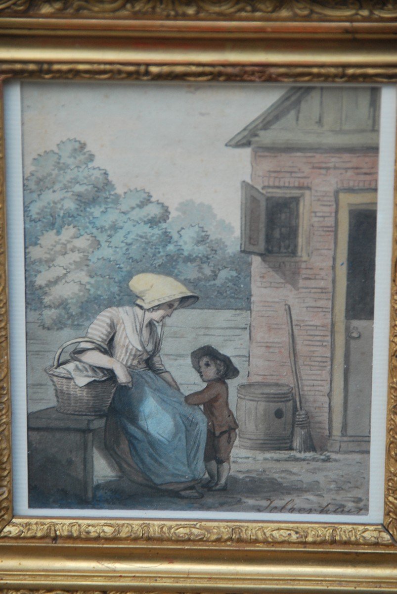 Aquarelle et lavis d époque  Directoire Mère Et Son Enfant-photo-3