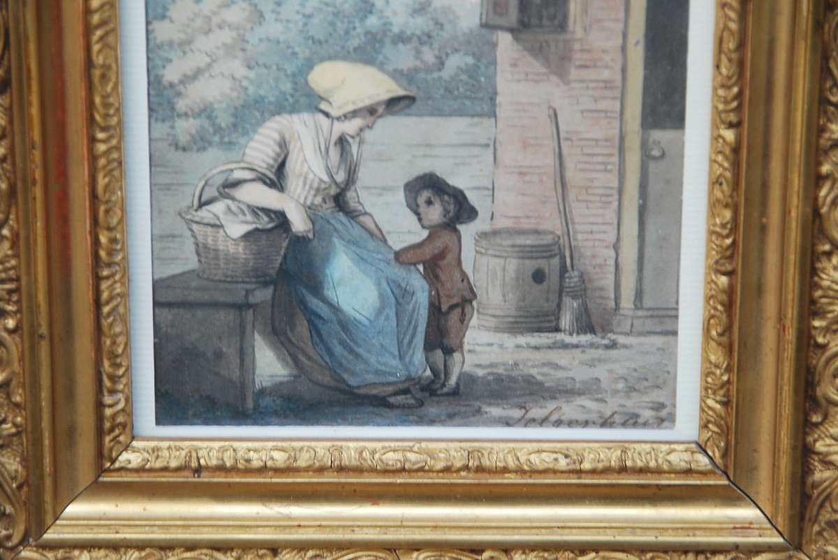 Aquarelle et lavis d époque  Directoire Mère Et Son Enfant-photo-4