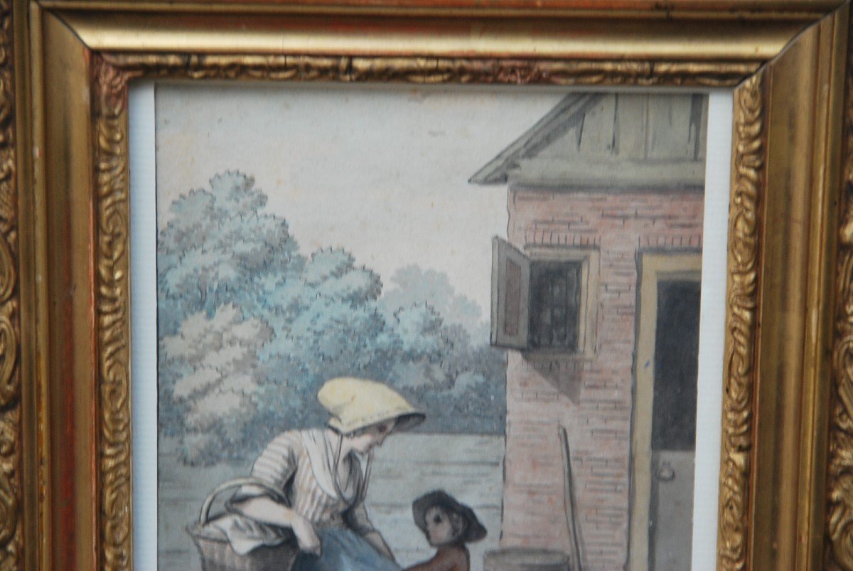 Aquarelle et lavis d époque  Directoire Mère Et Son Enfant-photo-1
