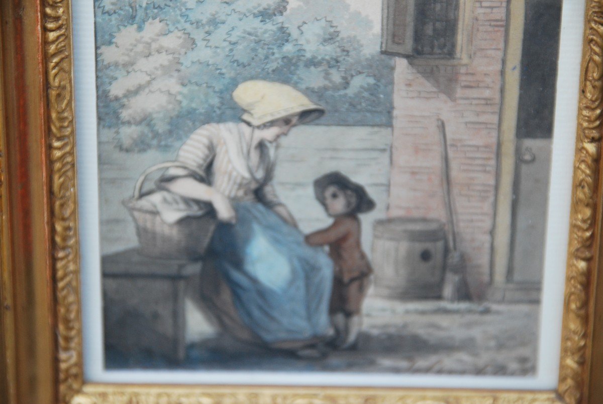 Aquarelle et lavis d époque  Directoire Mère Et Son Enfant-photo-2