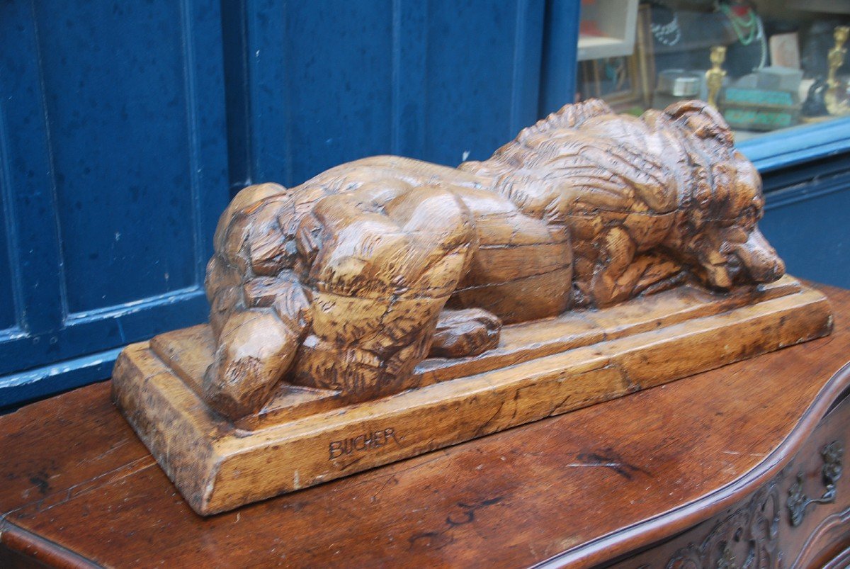 Large Wooden Sculpture Representing A Dog Signed De Bucher-photo-4