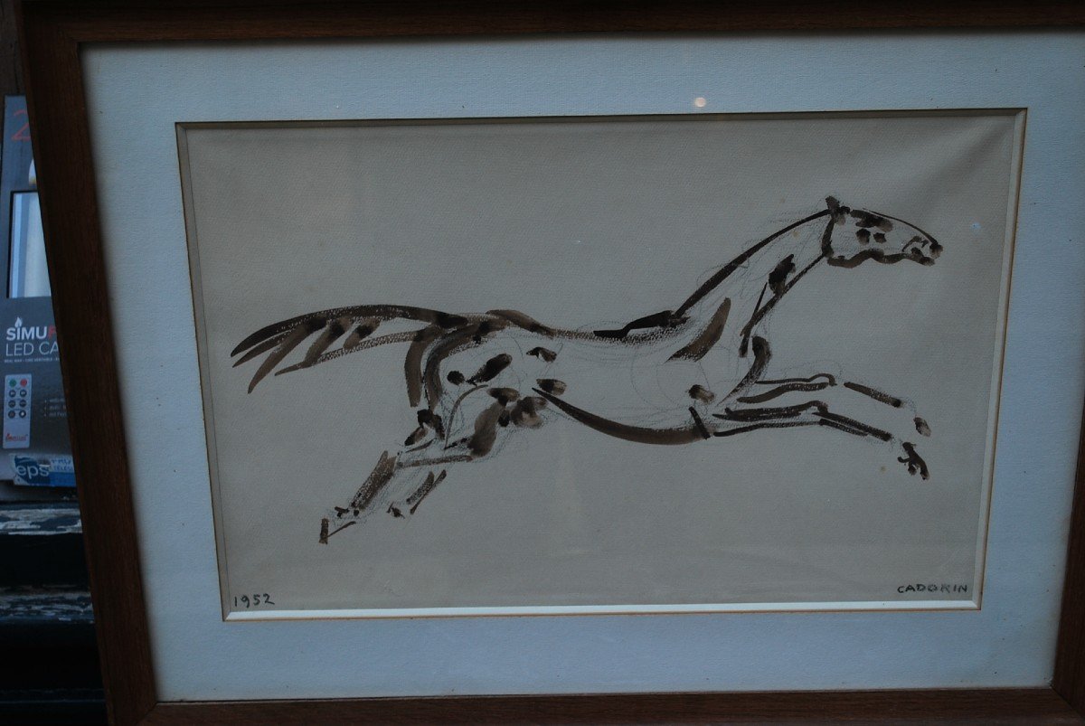 Drawing, Galloping Horse Signed By Cadorin-photo-3