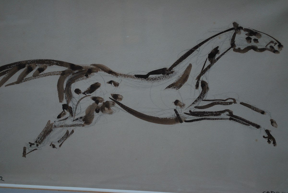 Drawing, Galloping Horse Signed By Cadorin-photo-4