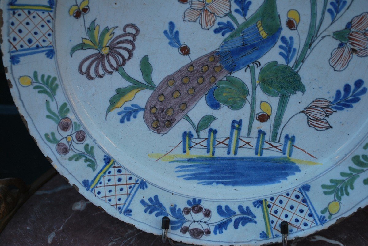 Delft Plan En Porcelaine Polychrome Paon   XVIII-photo-4