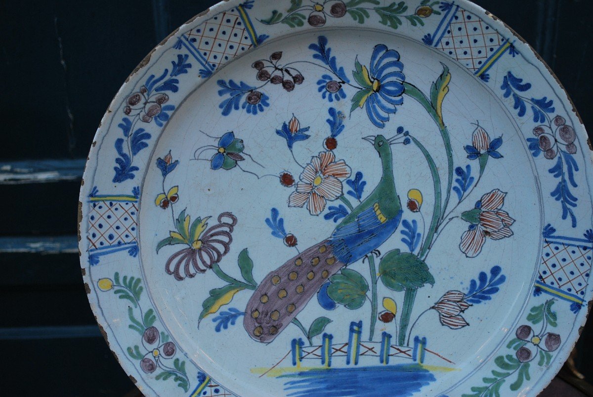 Delft Plan En Porcelaine Polychrome Paon   XVIII