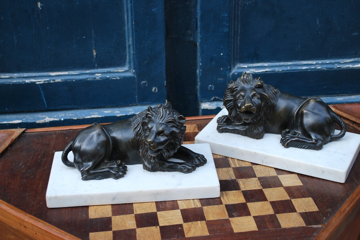 Pair Of Reclining Lions In Bronze XVII Style-photo-5