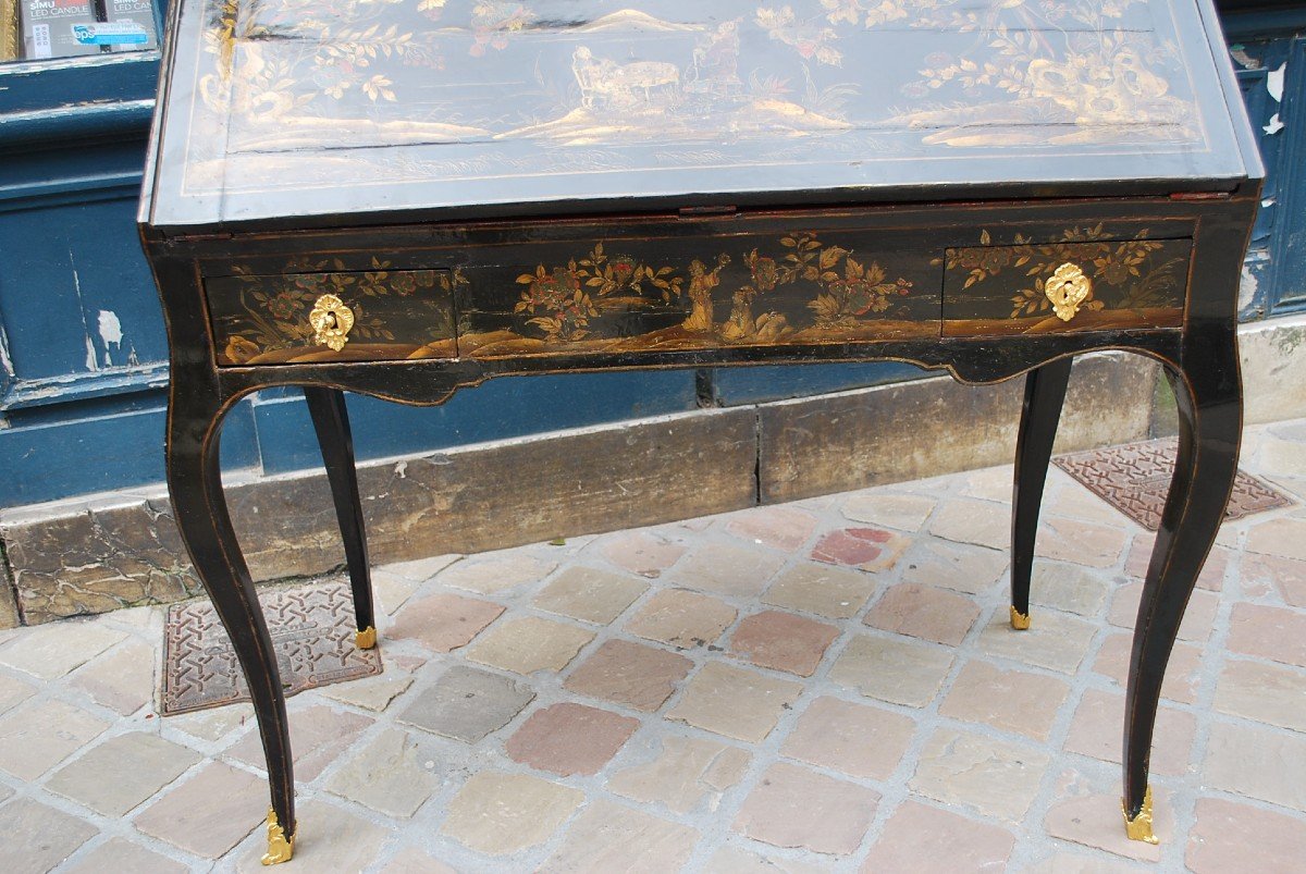 Rare Bureau De Pente D époque Louis XV En Vernis Martin   attribué à Foureau-photo-3