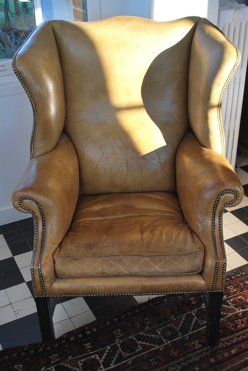 Large Comfortable Wingback Leather Armchair England-photo-6
