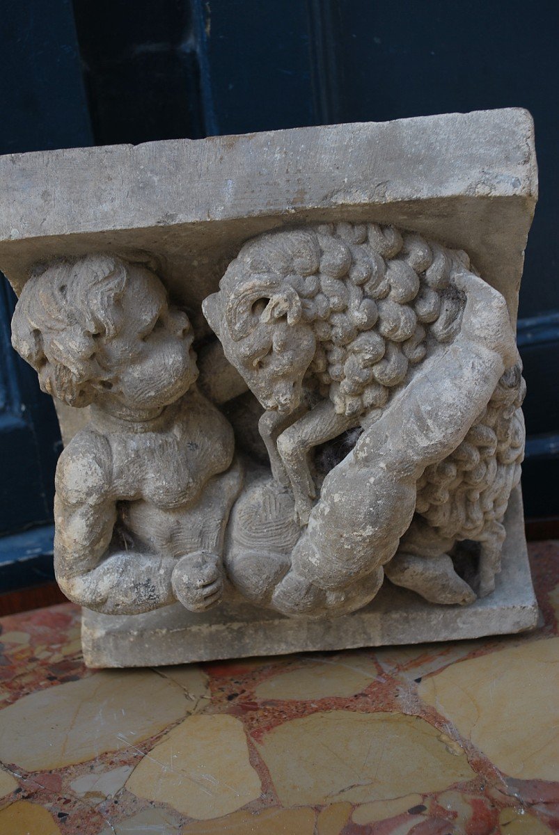 Haut Relief En Pierre , Putto Et Mouton XIX-photo-3