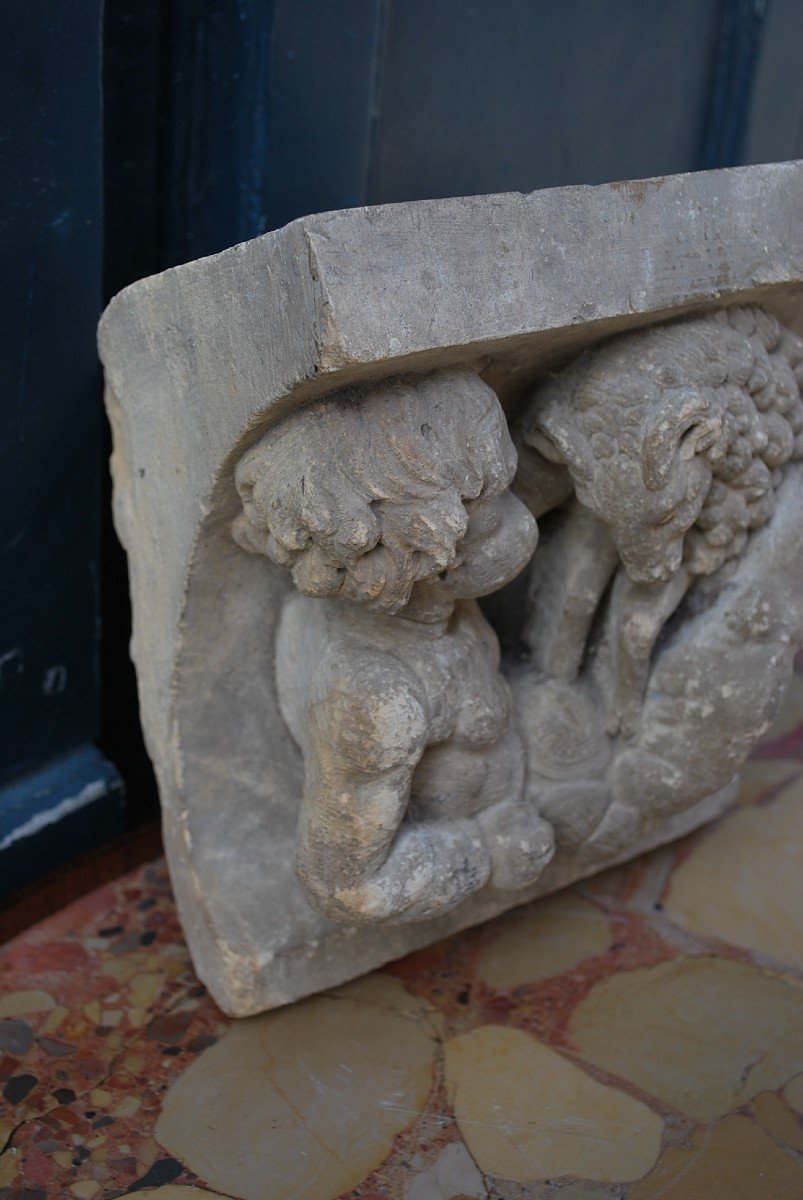 Haut Relief En Pierre , Putto Et Mouton XIX-photo-2