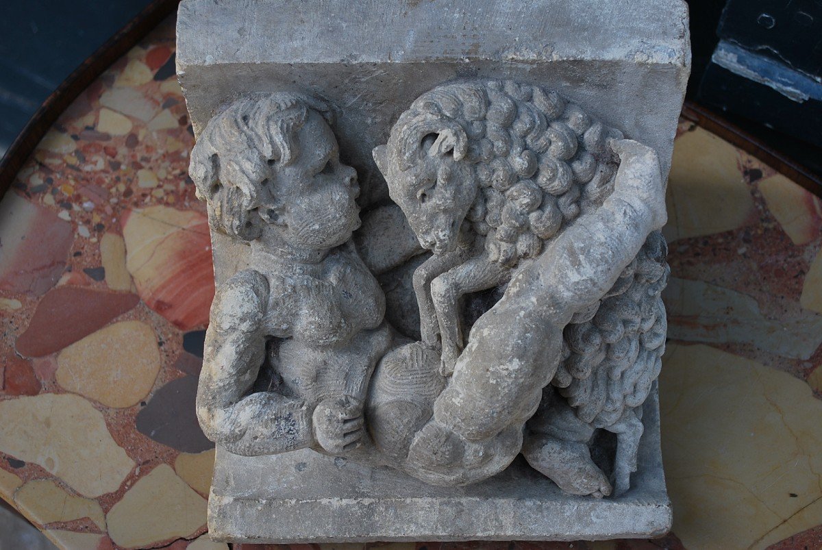 Haut Relief En Pierre , Putto Et Mouton XIX-photo-6