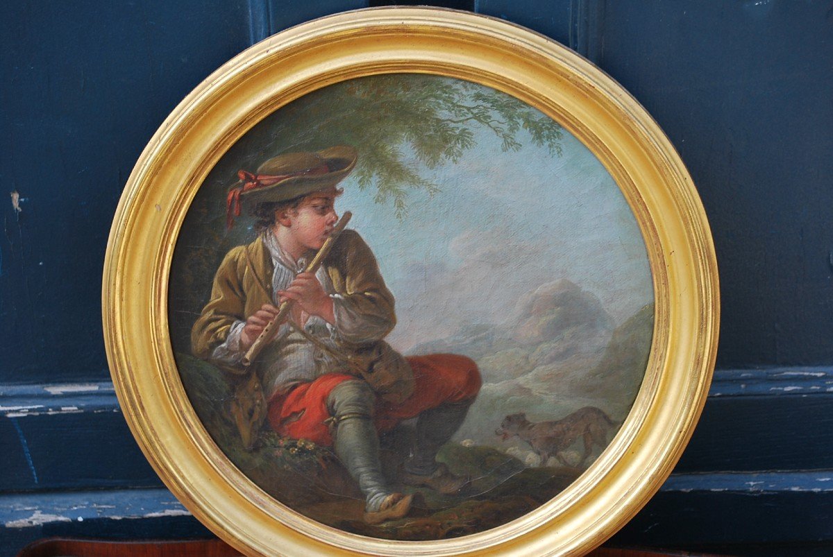 François Boucher , D Après  Huile Sur Toile Berger à La Flute , école XVIII-photo-2