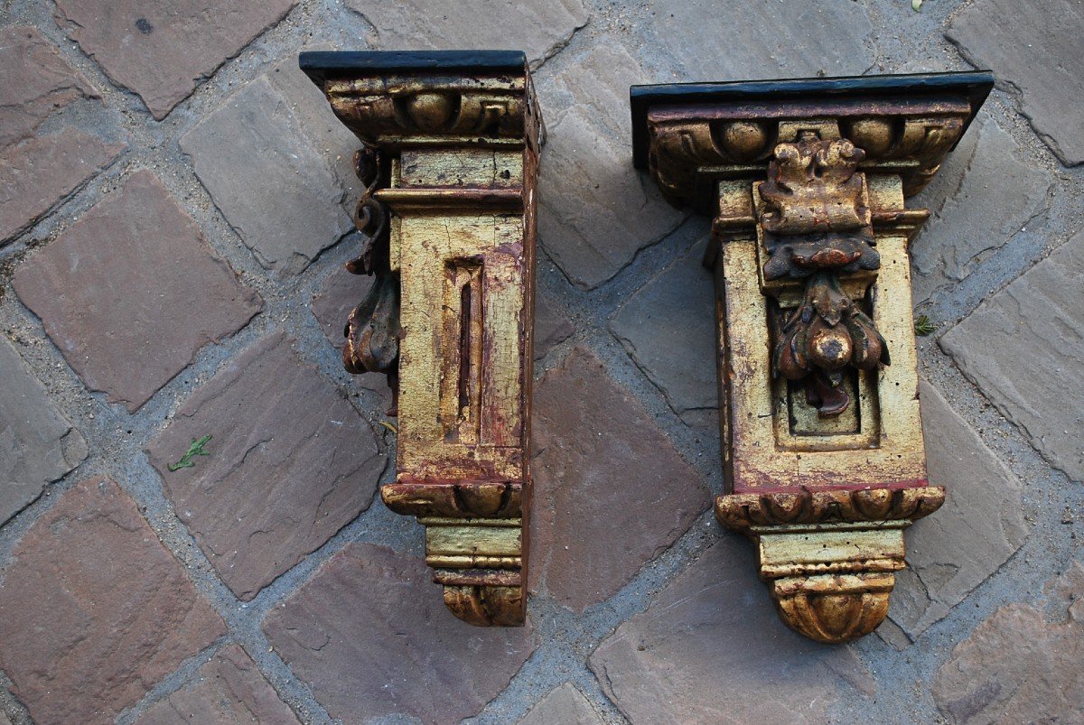 Paire De Consoles D Applique En Bois Doré Espagne Début XVIII-photo-4