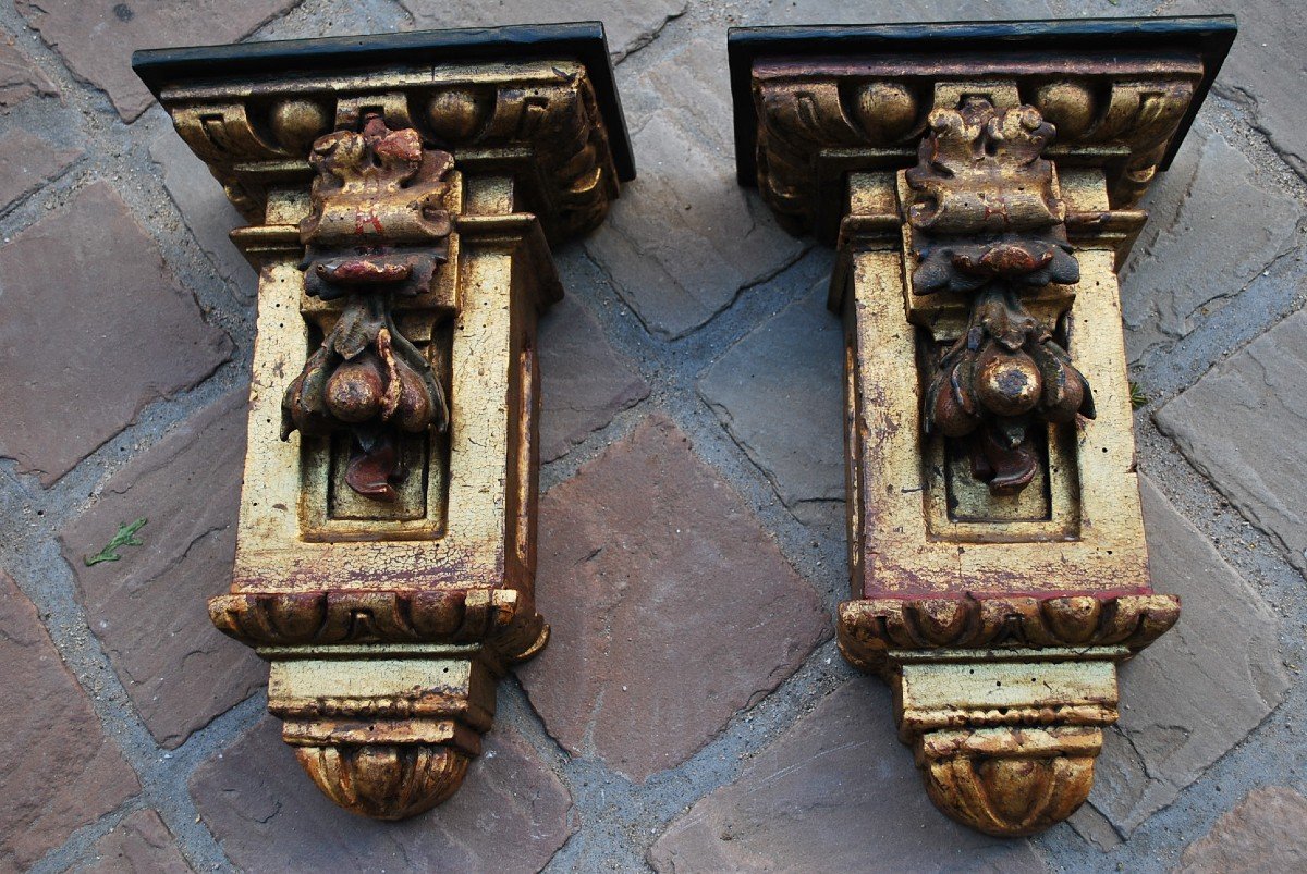 Paire De Consoles D Applique En Bois Doré Espagne Début XVIII-photo-6