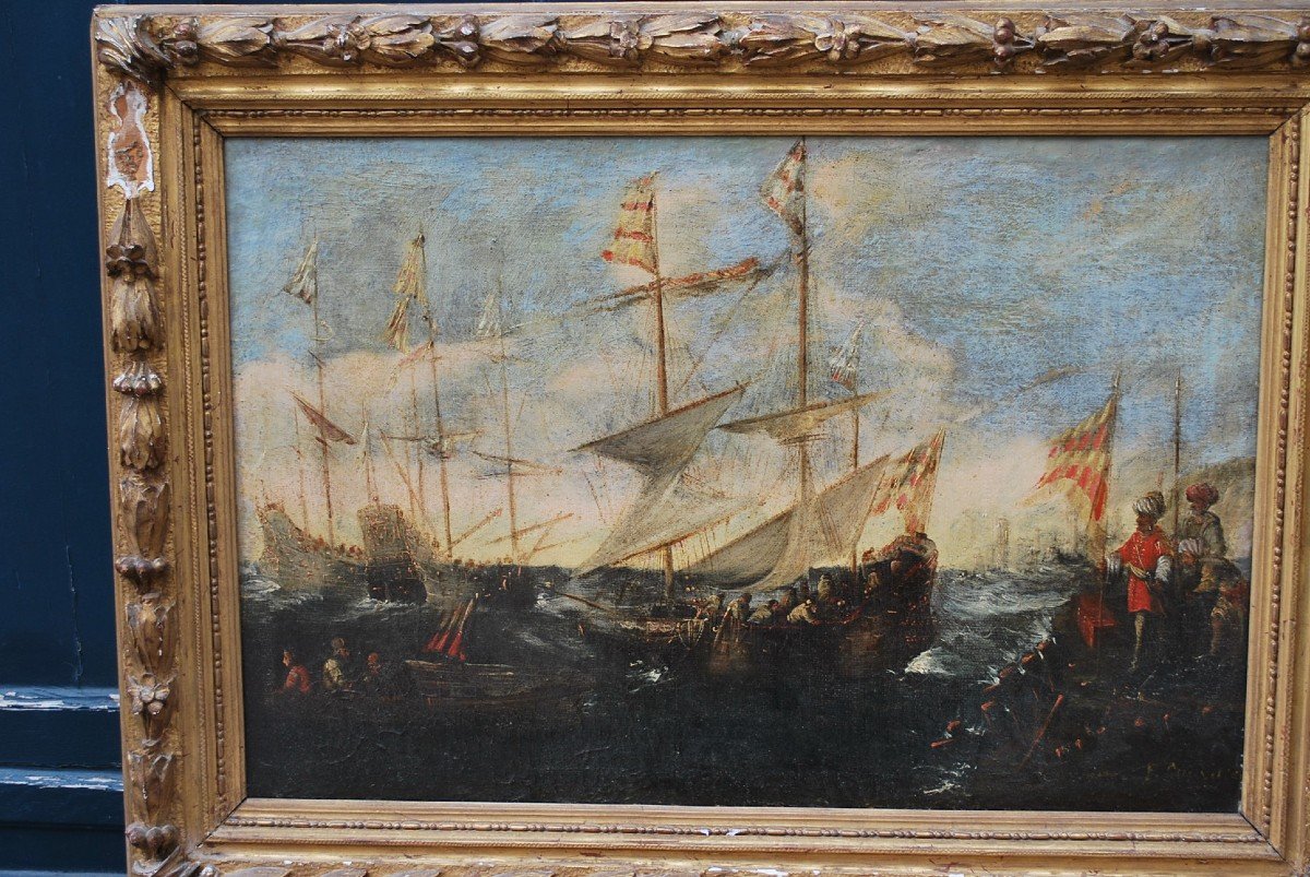 Naval Combat, Oil On Canvas Italian School Early 18th Century-photo-2
